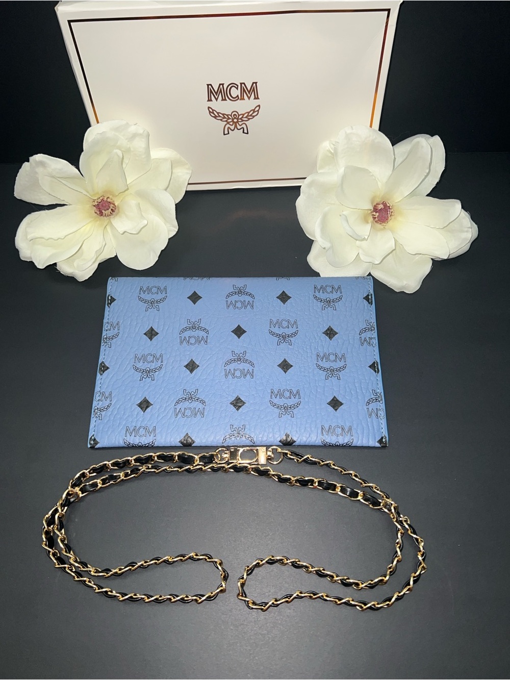 MCM Blue Envelope Clutch with Black and Gold Shoulder Strap - Picture 2 of 6
